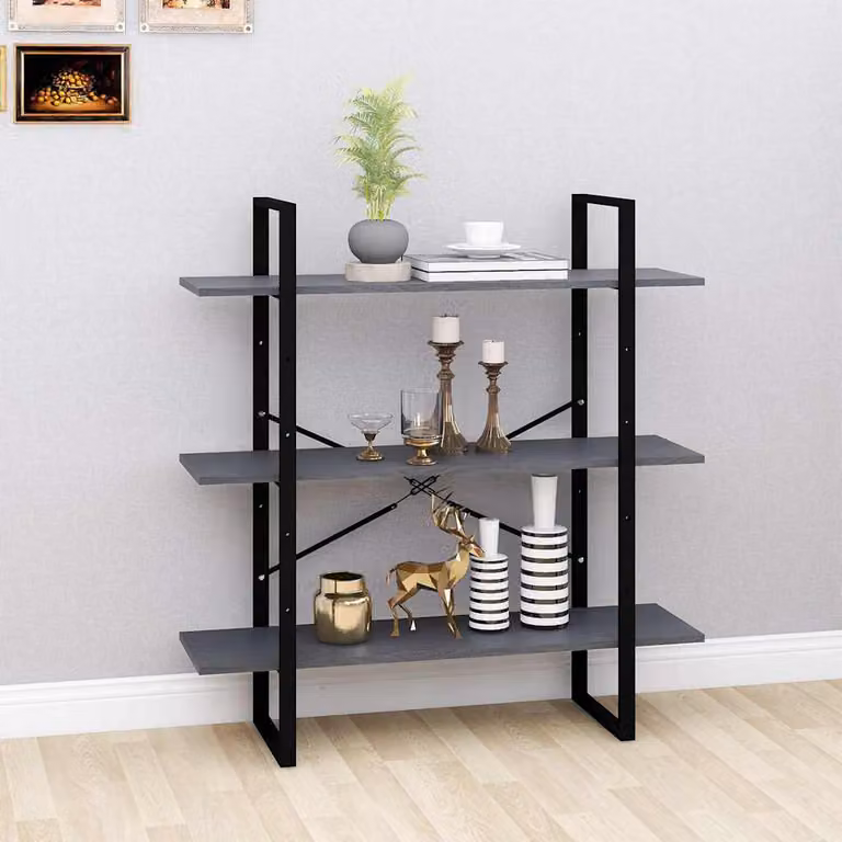 Libreria a 3 Ripiani vidaXL in Massello di Pino e Metallo Grigia L: 100 cm, P: 30 cm, H: 105 cm