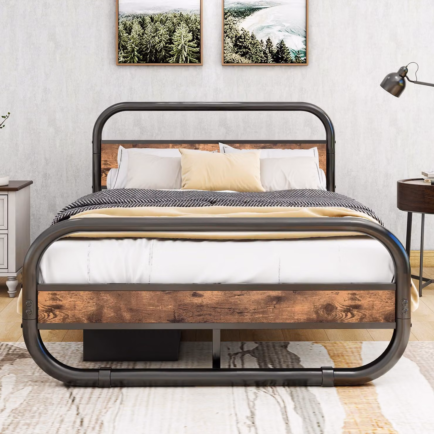 Letto matrimoniale in metallo 120x200 cm, piattaforma a forma ovale con spazio contenitore, colore marrone