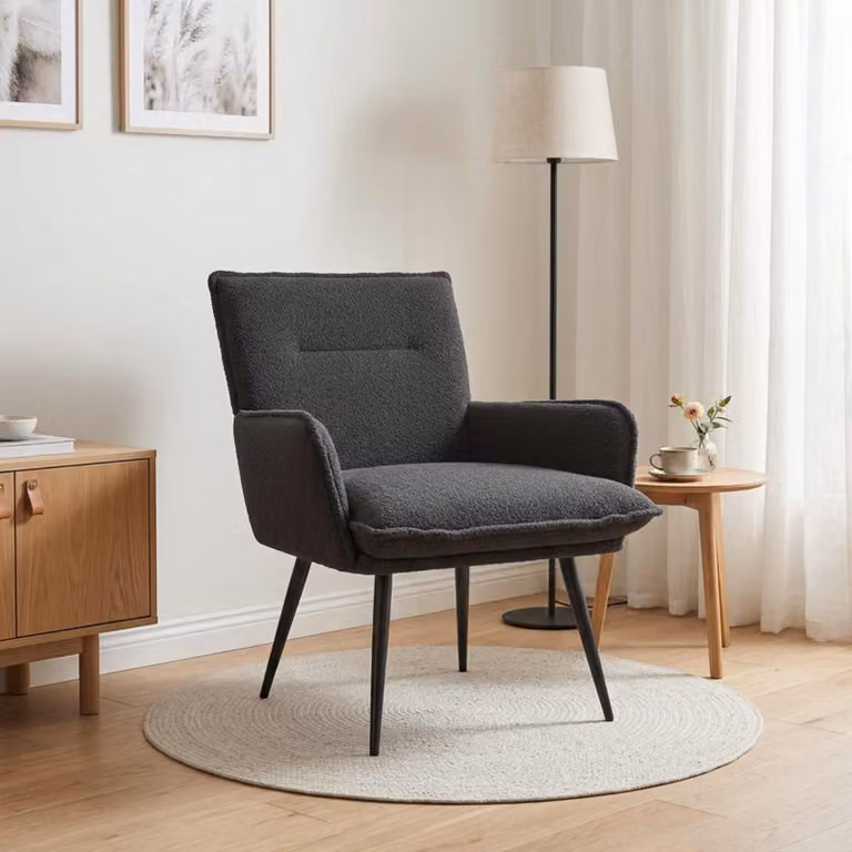 Poltrona moderna vidaXL in tessuto bouclé grigio con braccioli per soggiorno e camera da letto