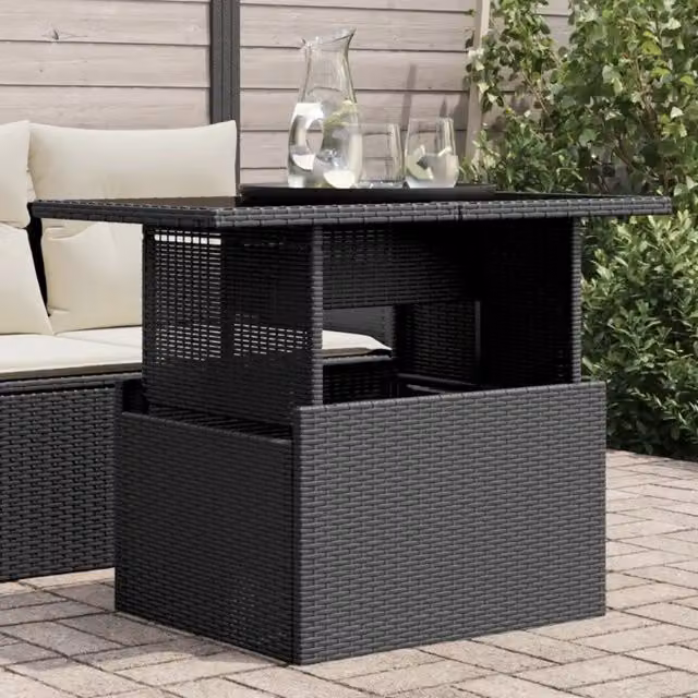 Tavolo da giardino moderno vidaXL in polyrattan nero con piano in vetro rettangolare L: 100 cm, P: 55 cm, H: 73 cm