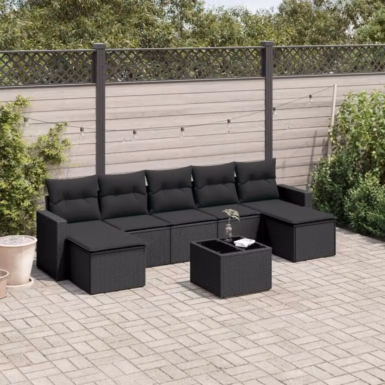 vidaXL Set Divani da Giardino a L in Polyrattan Nero con Cuscini 8 pz