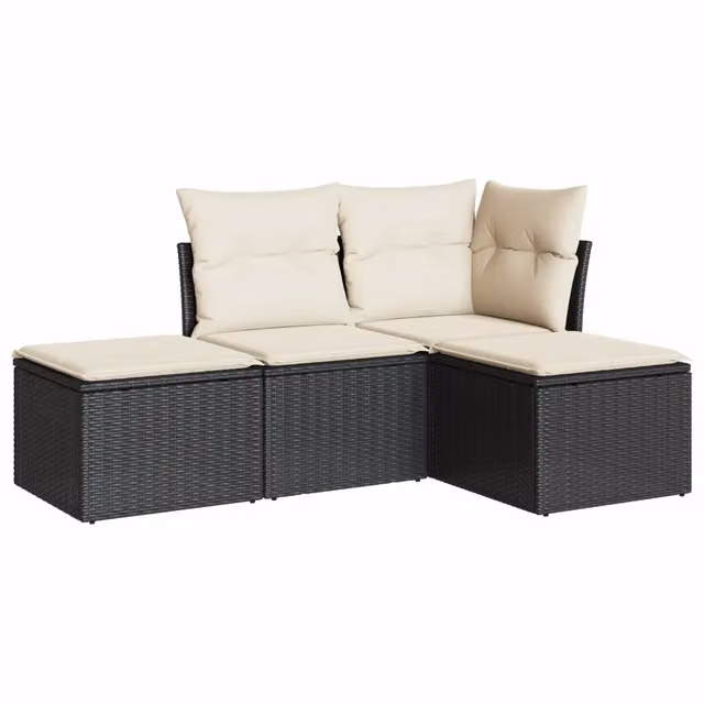 Set Divani da Giardino 4 pz | Set Salotto da Giardino con Cuscini Nero in Polyrattan