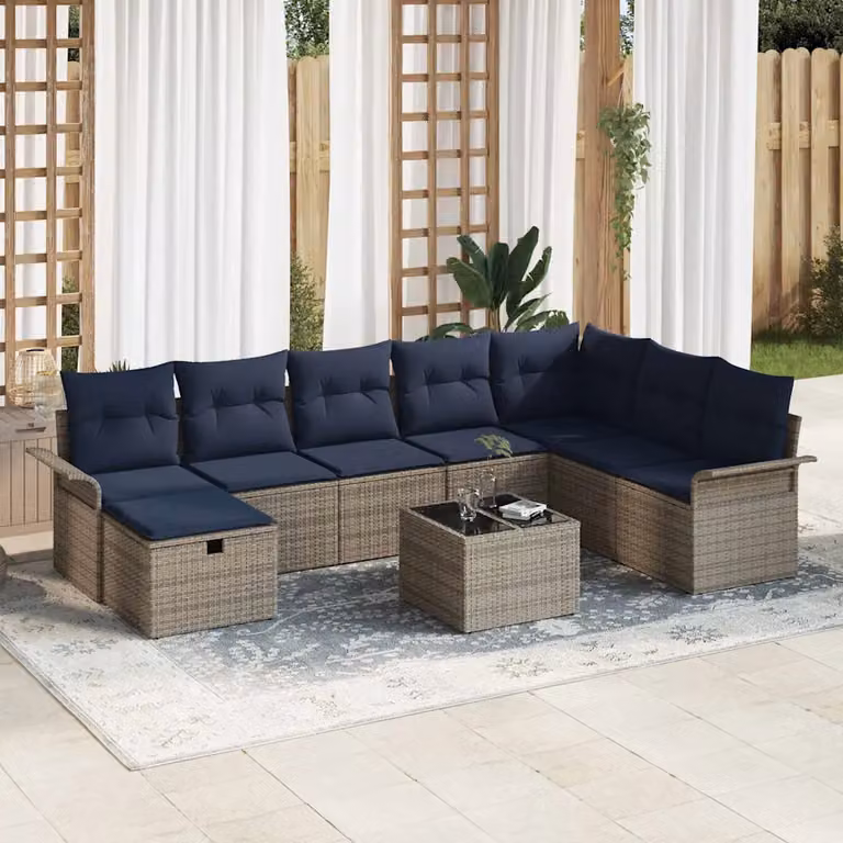 Set Divano da Giardino vidaXL 9 pz in Polyrattan Grigio e Blu Navy