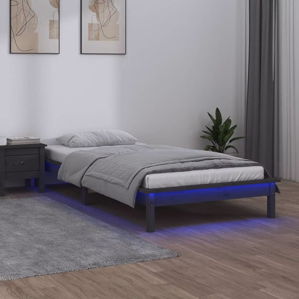The Living Store Letto in legno massiccio con LED Grigio 100x200 cm