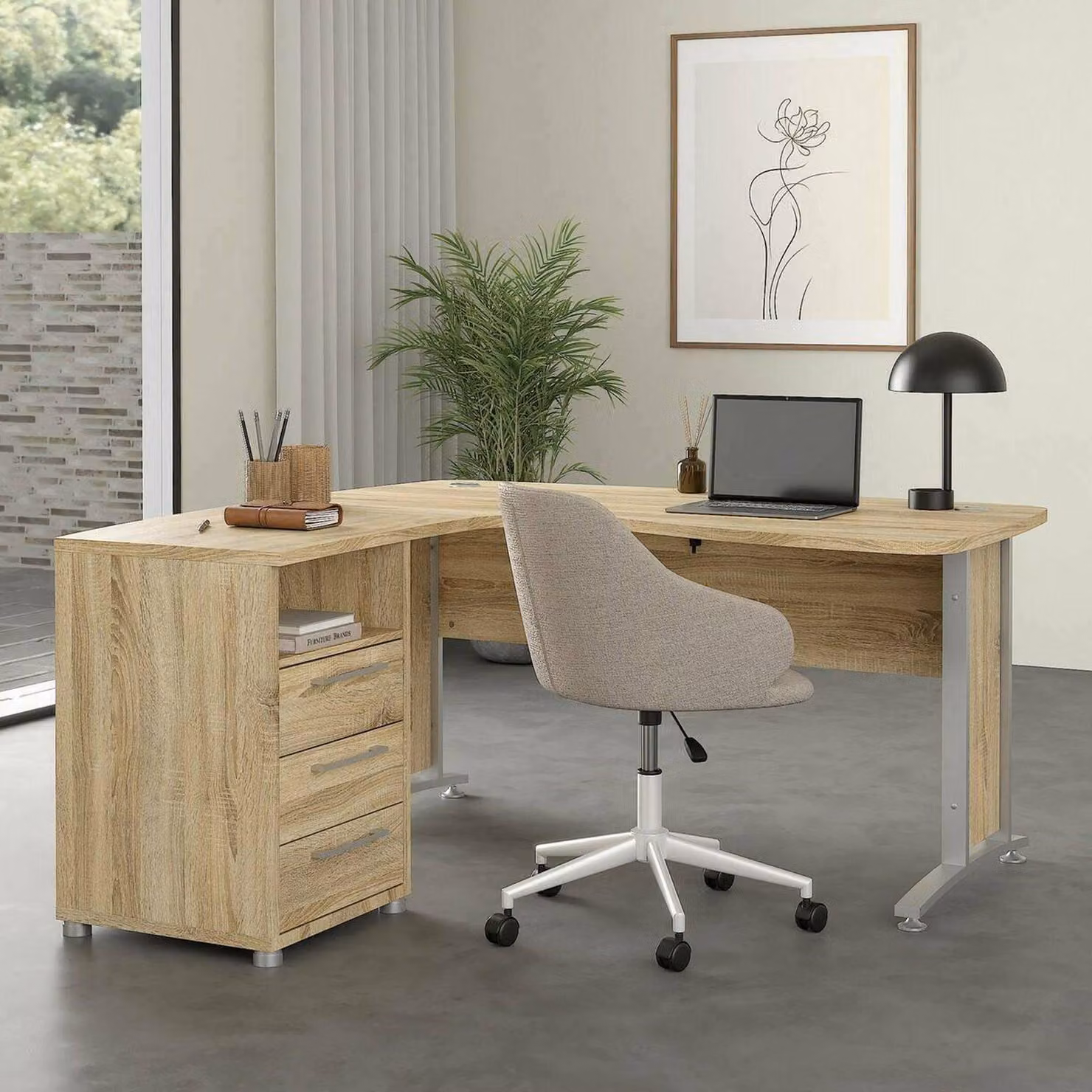 Dmora Scrivania Estong 150.4x159x75.4h cm Grigio, Angolare 3 Cassetti
