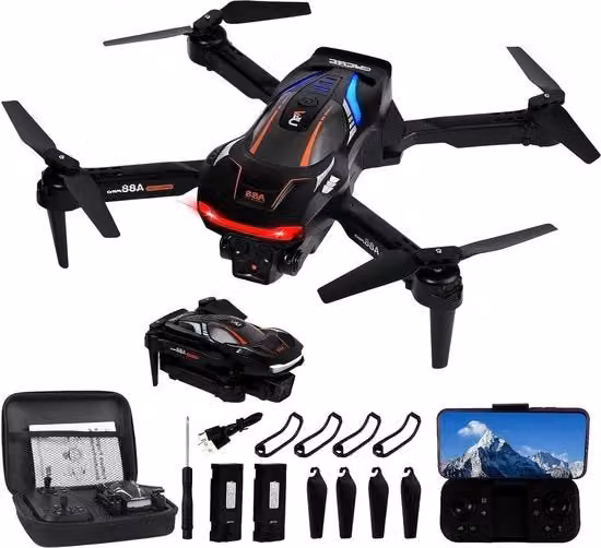 Drone RC WiFi FPV per bambini e principianti con camera HD 1080p, funzione Follow Me e rotazione a 360 gradi, colore nero, incluse 2 batterie ricaricabili