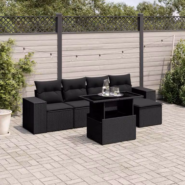 Set Divano da Giardino vidaXL 6 pz a L con Cuscini Neri in Polyrattan e Acciaio