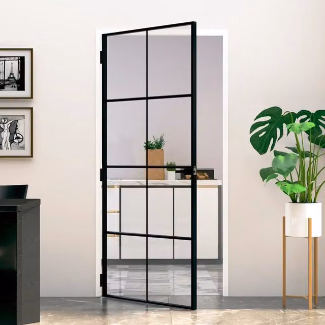 Porta Interna Reversibile vidaXL in Alluminio e Vetro Temperato Trasparente, Colore Nero, L: 93 cm, H: 201,5 cm