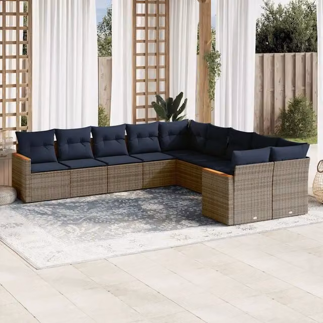 Set Divani da Giardino 10 pz con Cuscini Grigio in Polyrattan 3226355