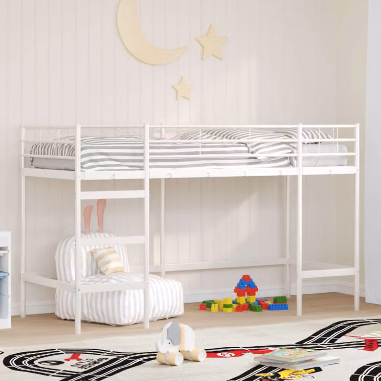 vidaXL Letto a castello per bambini in metallo bianco con scala, L/P/H: 194 x 105 x 116 cm