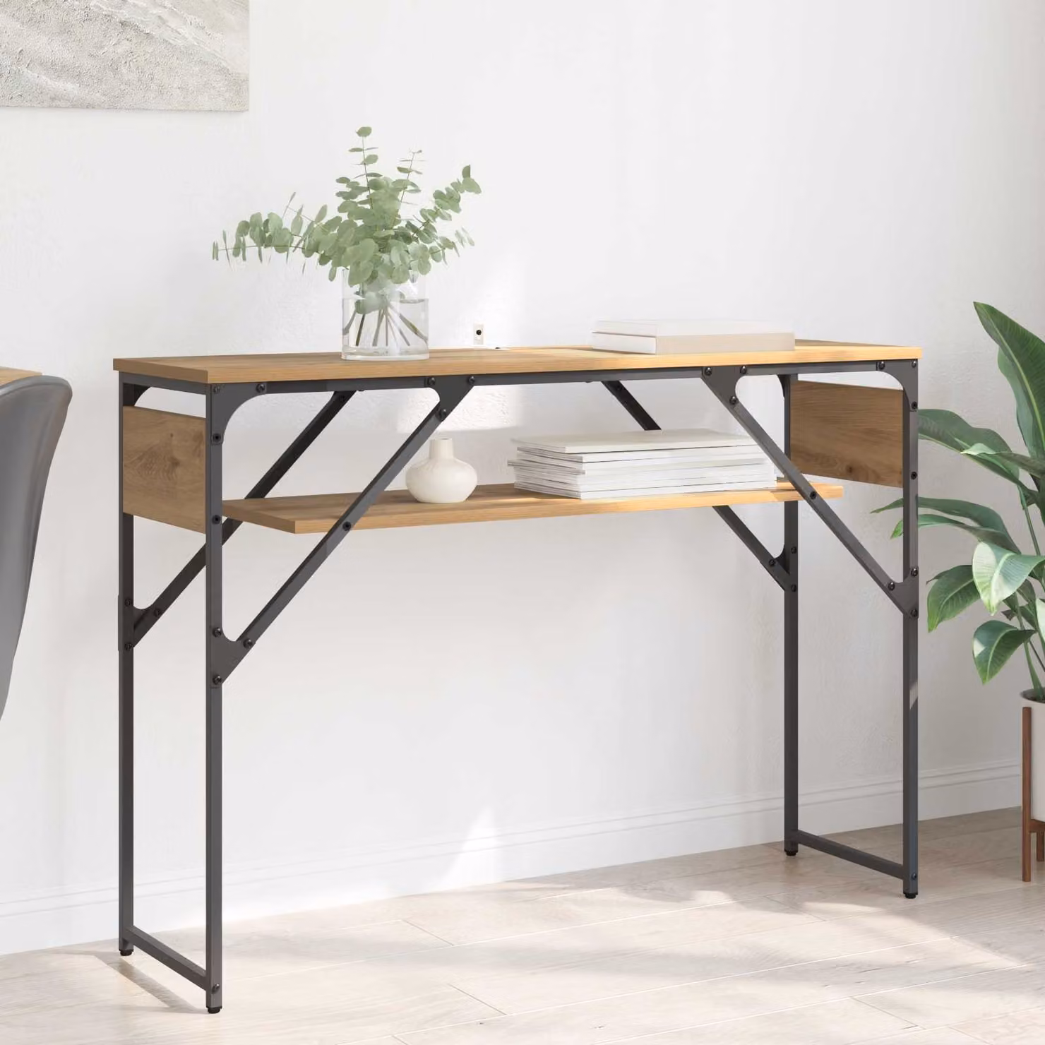 vidaXL Tavolo Consolle in Legno Rovere e Metallo Stile Industrial, Marrone, L: 105 cm, P: 30 cm, H: 75 cm