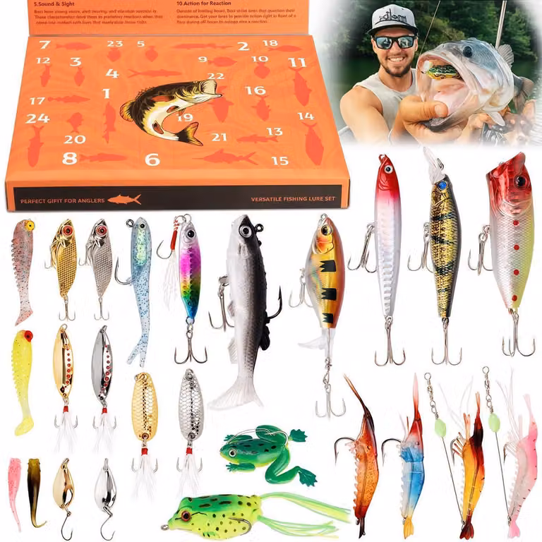 Calendario dell'Avvento a tema pesca 2026: 24 esche artificiali per acqua dolce e salata, un regalo perfetto per gli appassionati di pesca