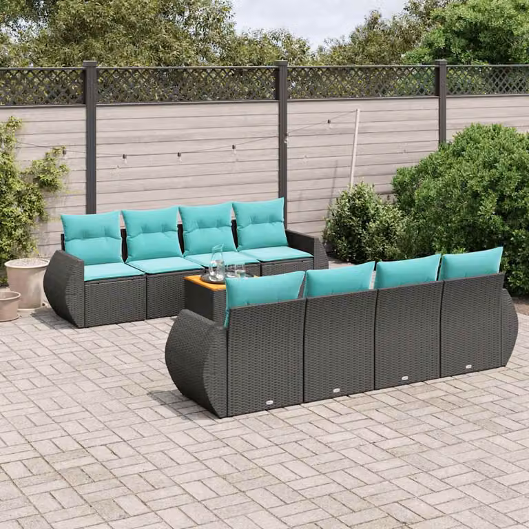 Set di divani da giardino vidaXL 9 pz in polyrattan nero con cuscini e struttura in metallo a forma di U
