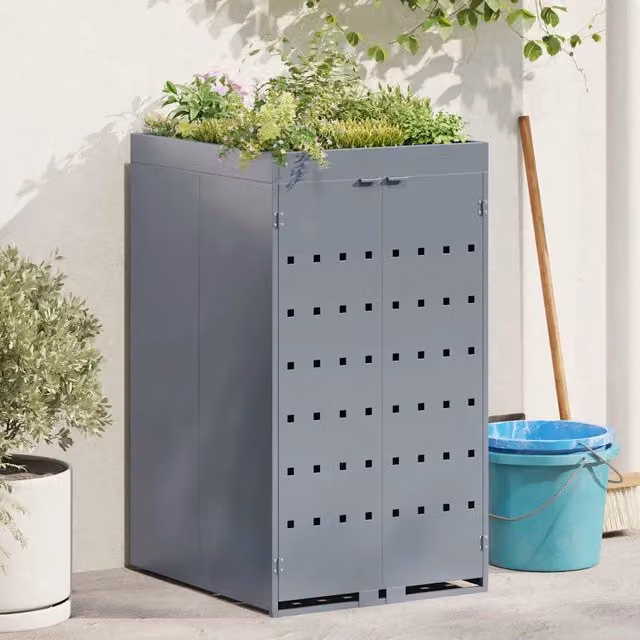 Deposito per bidone con tetto da fioriera-Fioriera con Funzione di Stoccaggio per bidone singolo da 240L 672669
