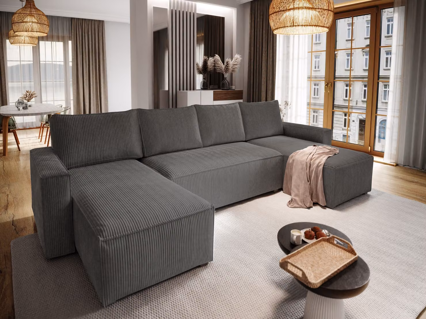 Divano angolare Masseno ASPRA con funzione letto a U, divano con box letto, divano da salotto, divano, divano, divano letto, set di divani - grigio, POSO 34