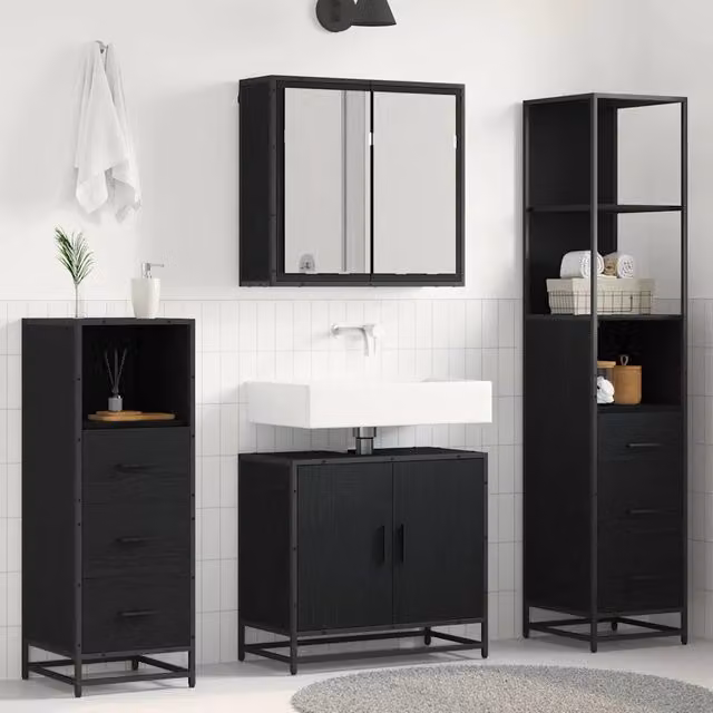 Set di mobili per il bagno moderno vidaXL in legno e metallo nero e rovere composto da armadietto con specchio, mobile lavabo, colonna alta e mobile laterale – 1