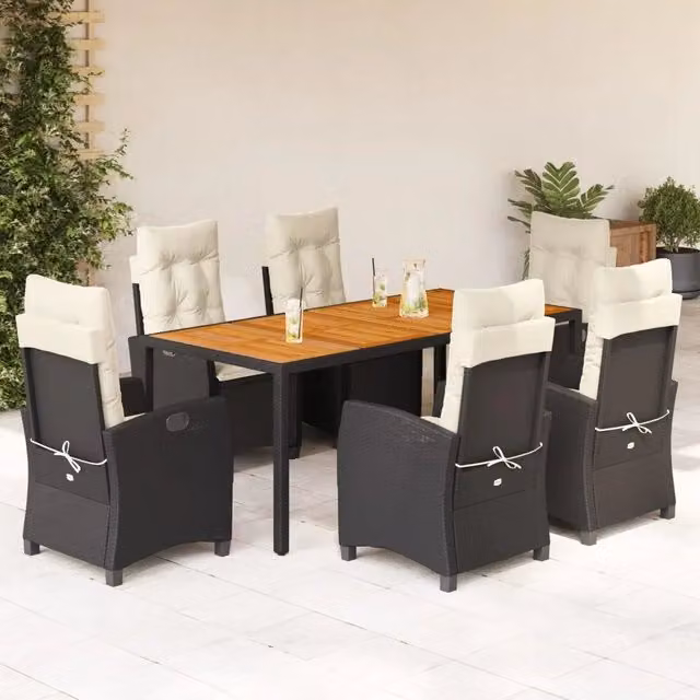 Set da Pranzo da Giardino 7 pz Nero con Cuscini in Polyrattan 3212659