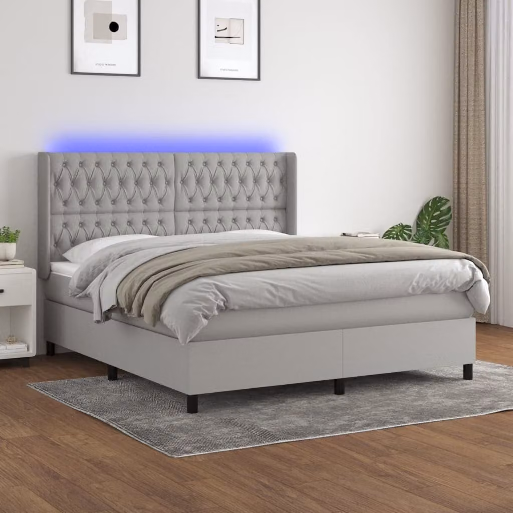 The Living Store Letto a molle con materasso e LED in tessuto grigio chiaro 160x200 cm