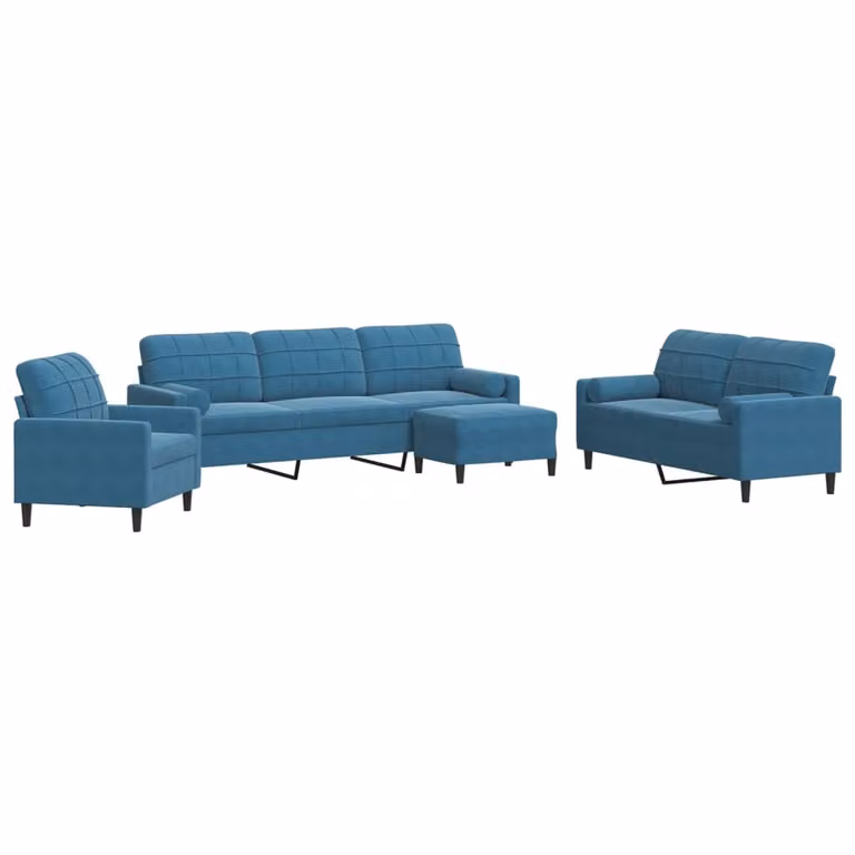 Set di Divani 4 pz con Cuscini e Rinforzi Blu in Velluto