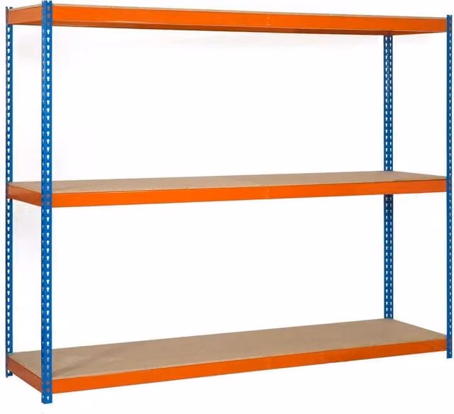 Scaffale in metallo Simon Rack con 3 ripiani, colore blu, arancio e legno, H 200 cm x L 150 cm x P 90 cm