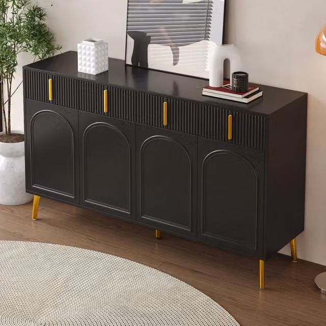 Sideboard moderno con 4 ante e 4 cassetti, ripiani regolabili, nero e oro, L 140 cm x P 38 cm x H 82 cm
