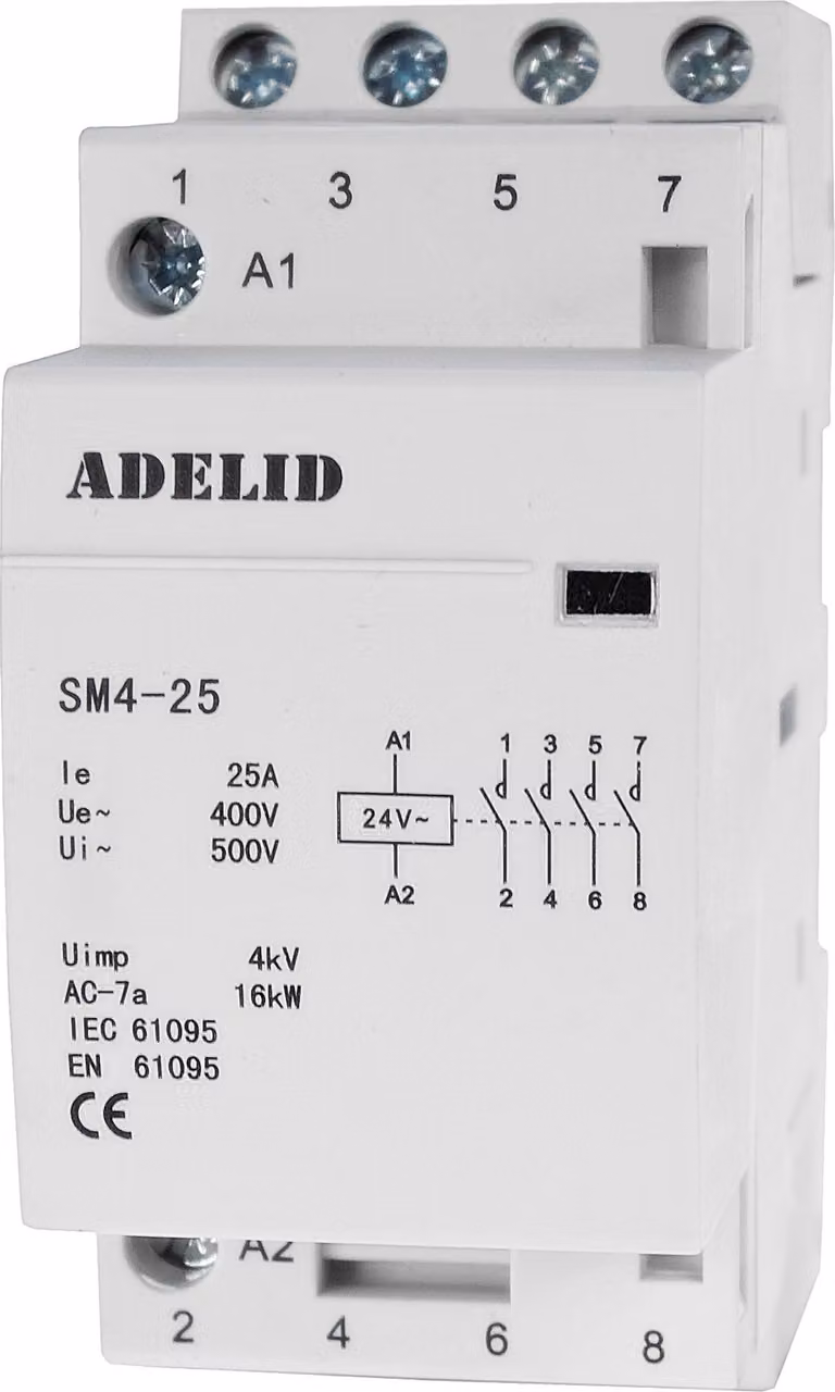Relè di commutazione, interruttore di protezione circuitale, contattore da installazione, 25A, 4 contatti normalmente aperti, bobina 24V AC