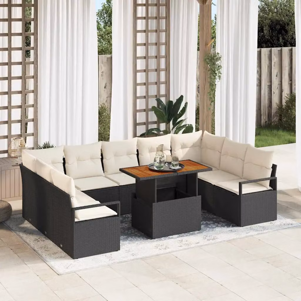 Set Divano da Giardino vidaXL 10 Pezzi con Cuscini Nero e Beige in Acciaio e Legno di Acacia – 1