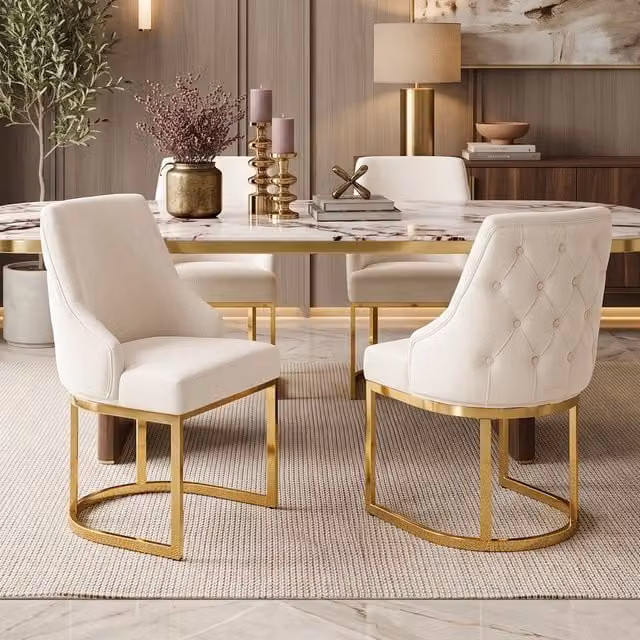 Set 4 Sedie da Pranzo ¨C Minimal ¨C Beige, rivestimento in velluto, gambe metallo oro, stile moderno