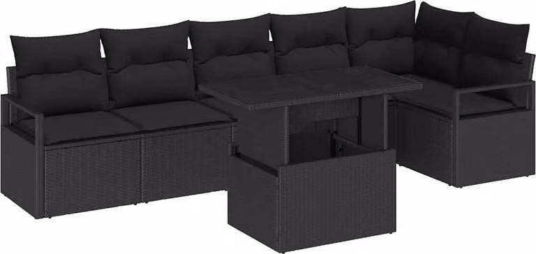 Set Divano da Giardino con cuscino 7 pcs Nero Poly Rattan