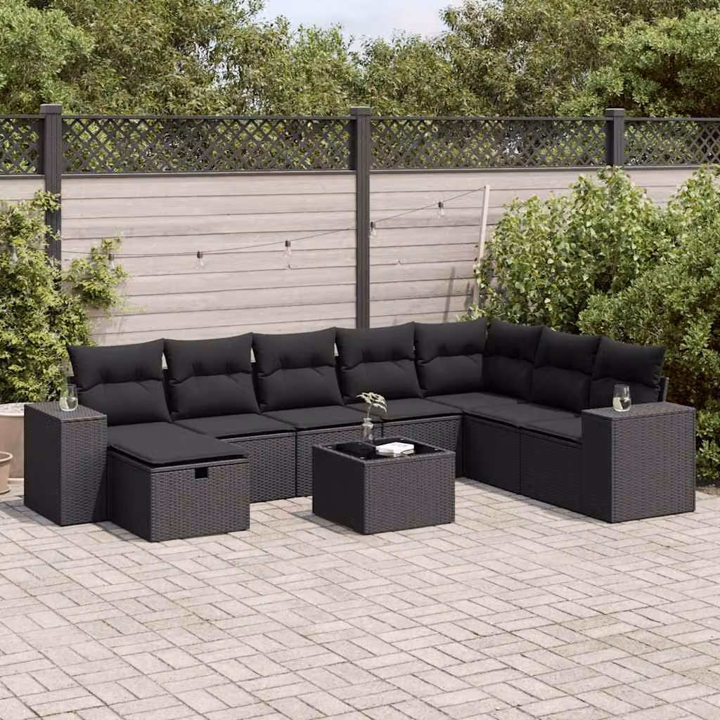 Set Divani da Giardino vidaXL 9 pz in Polyrattan Nero con Cuscini e Tavolino da Esterno a Forma di L