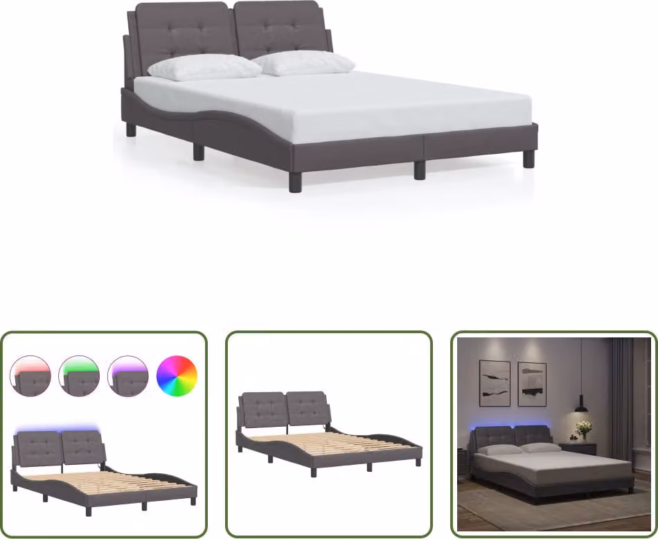 The Living Store Struttura letto con LED grigio 140x200 cm in ecopelle