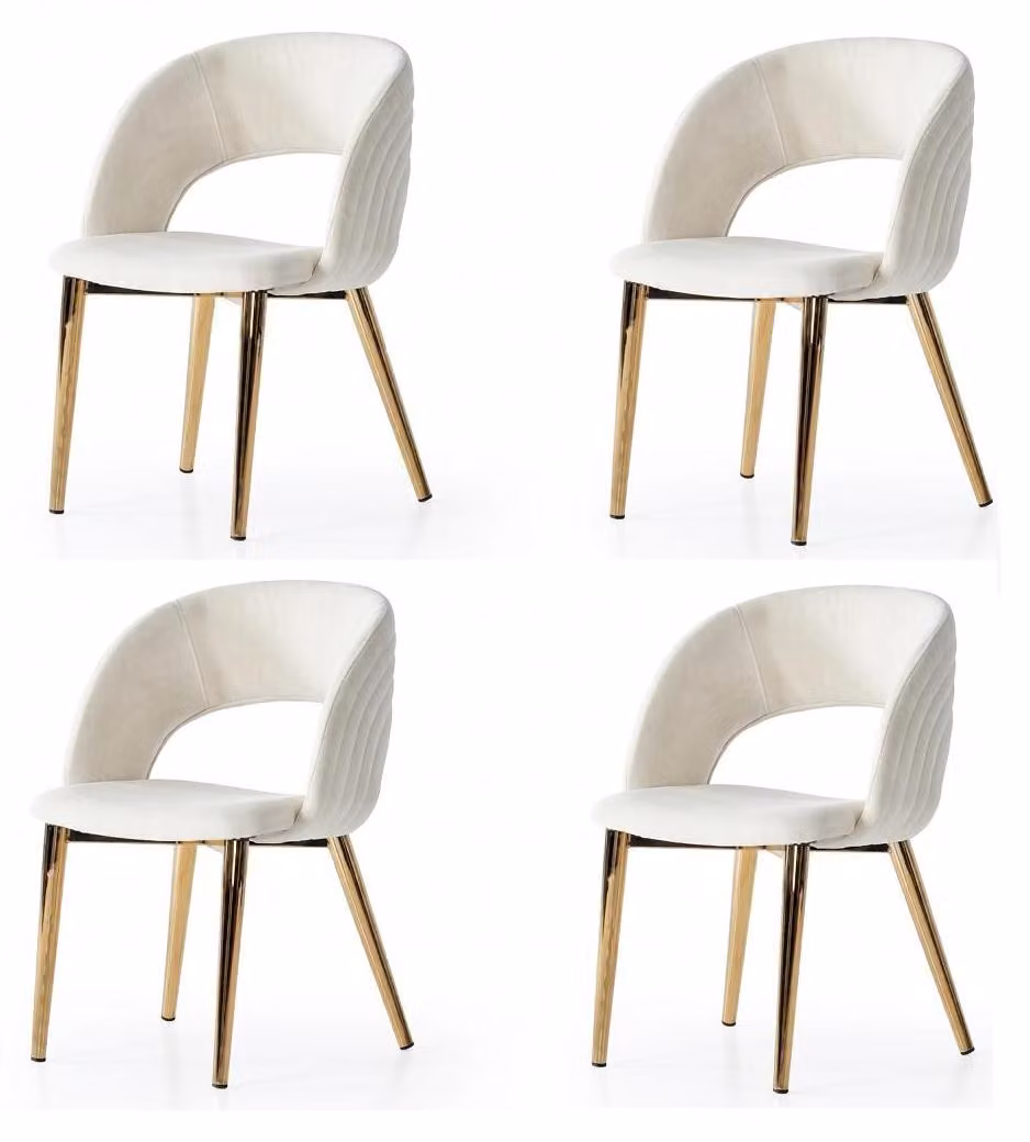 Set di 4 sedie moderne, rivestite in tessuto, confortevoli, bianche e dorate, morbide e comode