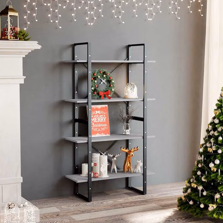 Libreria vidaXL in stile industriale con 4 ripiani, colore grigio, realizzata in legno e metallo, L 80 cm x P 30 cm x H 140 cm