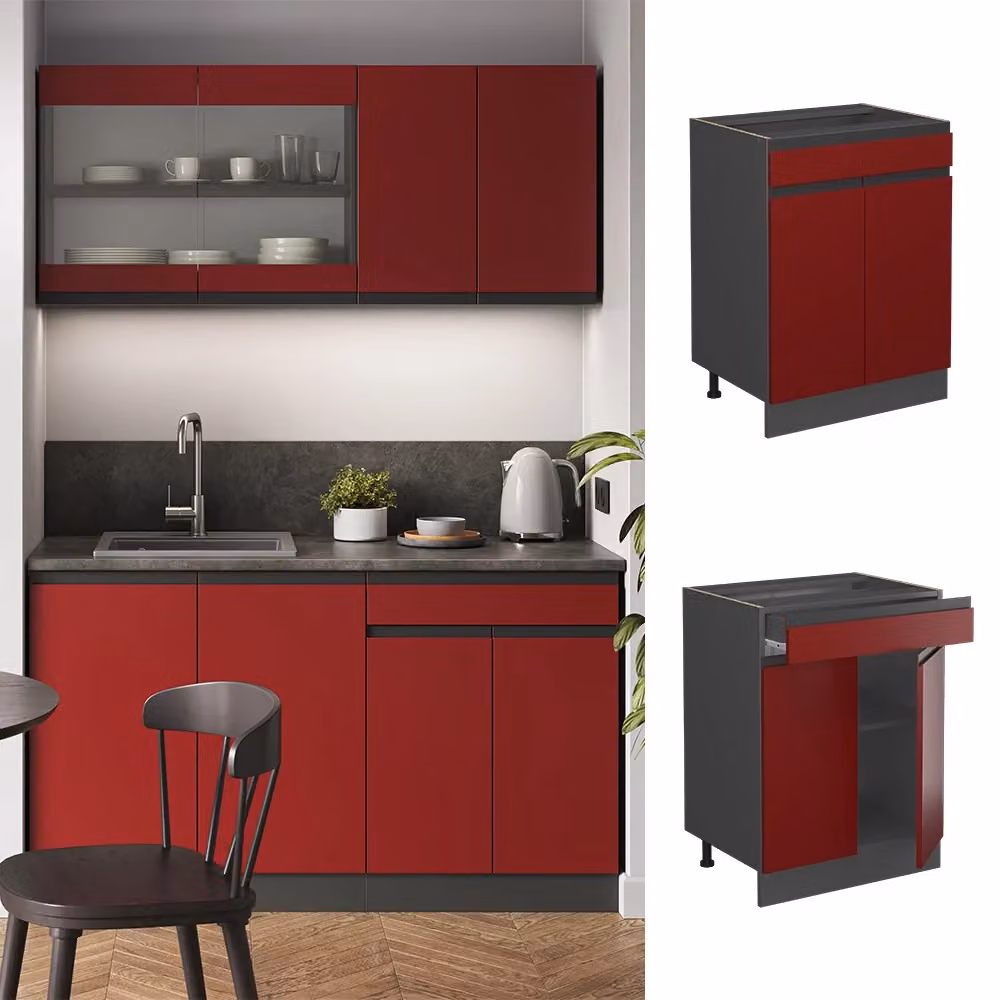 Mobiletto base per cucina Vicco R-Line Rosso/Antracite con cassetto e forma a J, L: 60 cm, H: 81,6 cm, P: 46 cm – 2