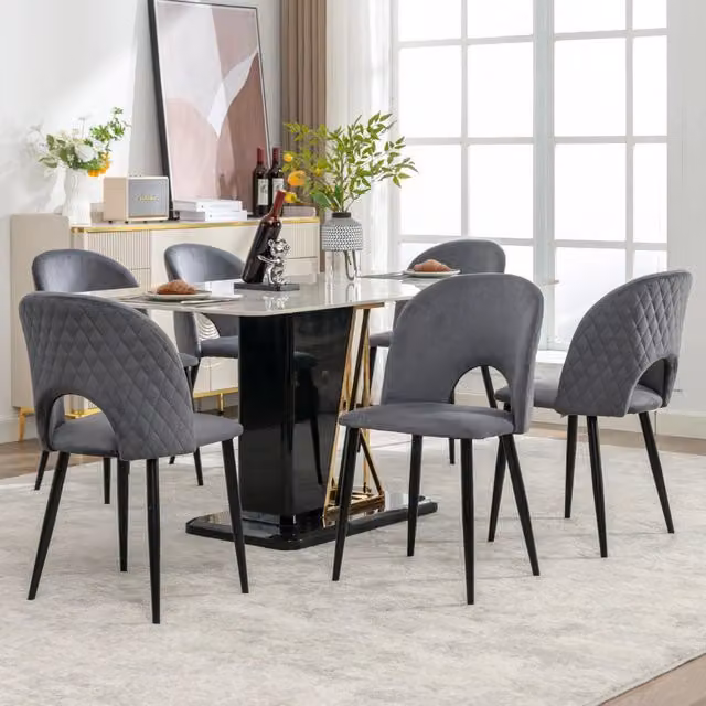 Sedia set da 6 imbottita con schienale e piedi regolabili motivo a rombi sul retro per sala da pranzo in velluto grigio