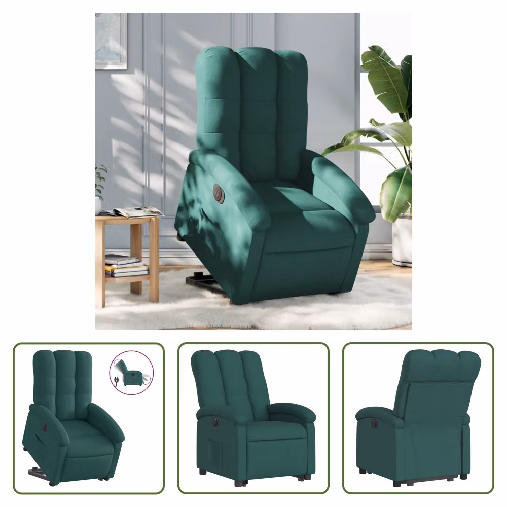 The Living Store Poltrona relax con ausilio per l'alzata Elettrica Tessuto verde scuro