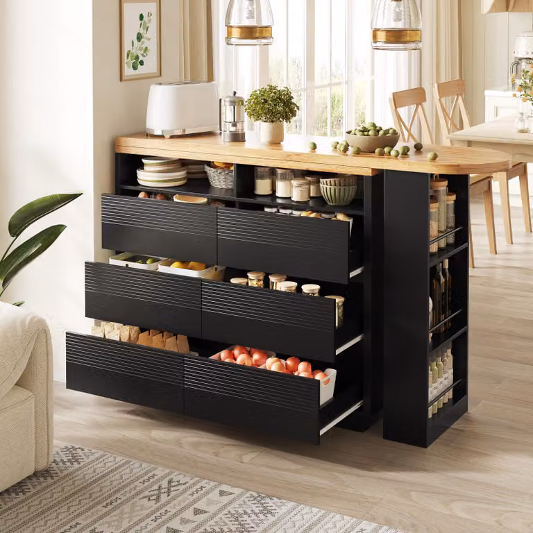 okwish Tavolo da bar allungabile a isola con piani in MDF e dispositivi antiribaltamento, tavolo da bar bistrot con cassetti e ripiano per snack, nero+naturale v