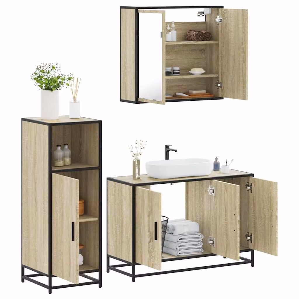 Set di mobili da bagno industrial vidaXL composto da 3 pezzi in legno e metallo colore marrone con armadietto specchio, mobile lavabo e pensile a parete
