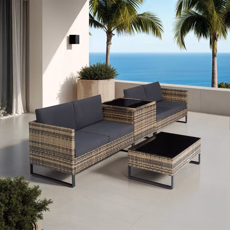 Set salotto da esterno Tectake moderno con divano a 2 posti, tavolino da caffè e angolo, in rattan e acciaio verniciato a polvere, colore beige/sabbia/grigio