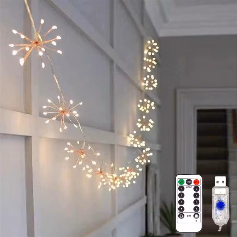 Catena luminosa a LED con effetto fuochi d'artificio, alimentazione USB, 50 LED, 5 funzioni, telecomando, 8 modalità