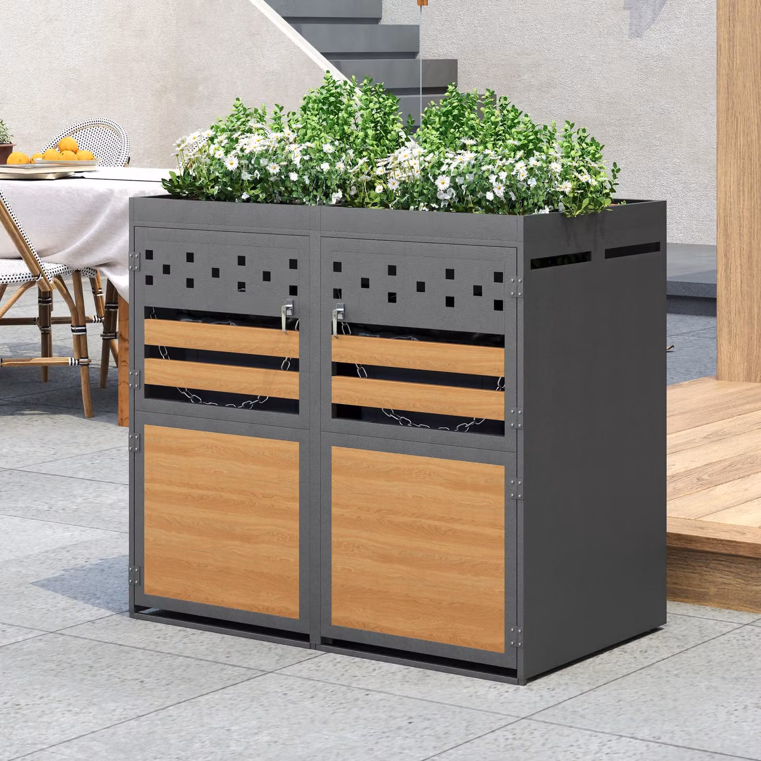 Set da 2 box per bidoni GL Store con tetto per piante in acciaio zincato, L: 132 cm, P: 80 cm, H: 125 cm, Colore marrone e grigio – 2