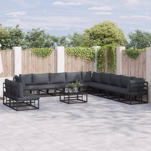 Set Divano da Giardino a L vidaXL in Alluminio Verniciato Antracite e Nero con Tavolino e Cuscini