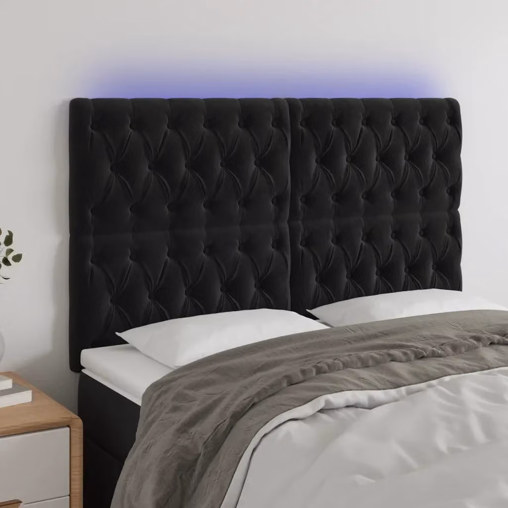 Testata del letto moderna in velluto nero con illuminazione LED integrata e porta di ricarica USB, L: 160 cm, P: 7 cm, H: 118/128 cm – 2