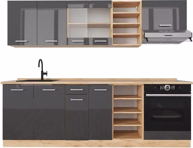 Cucina componibile moderna Vicco R-Line in antracite lucido e rovere dorato, larghezza: 240 cm, senza piano di lavoro