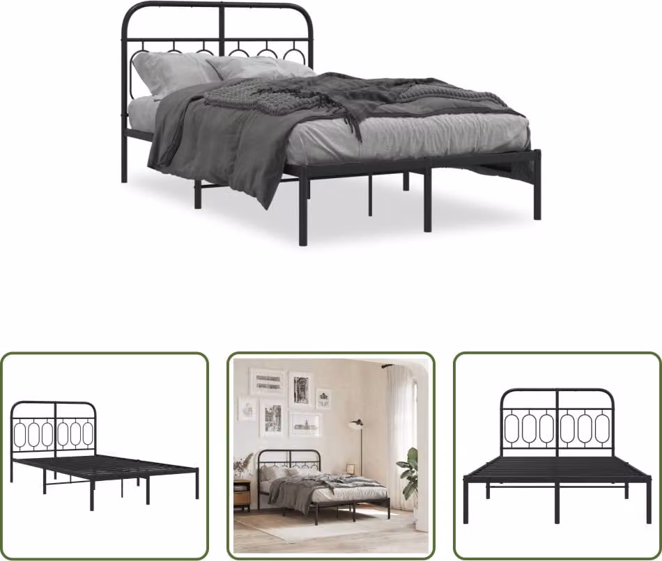 The Living Store Struttura letto con testiera in metallo nero 120x200 cm