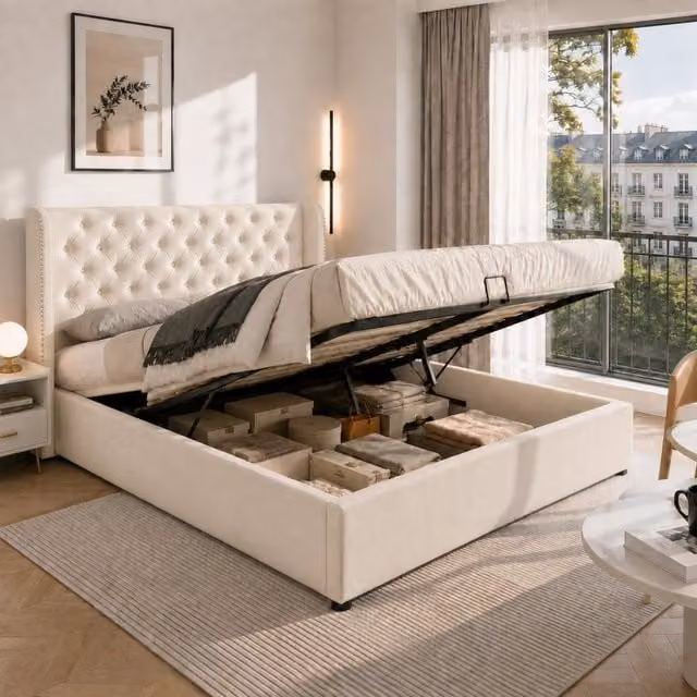 Letto matrimoniale imbottito in velluto beige 140×190 cm con testiera sagomata a orecchio, contenitore ad apertura idraulica e rete a doghe