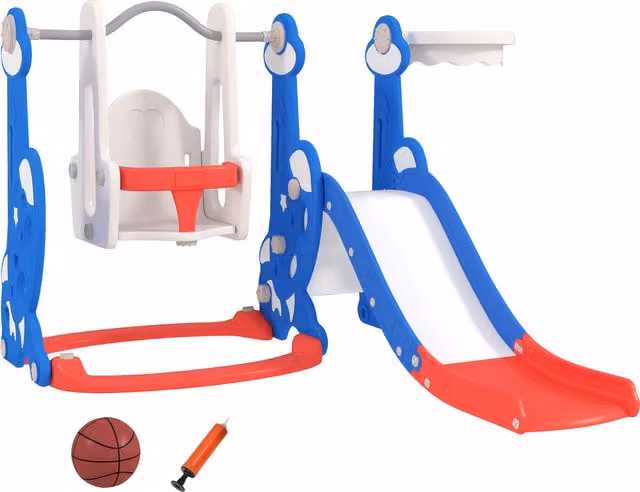 Scivolo per bambini 4 in 1 AIYAPLAY con altalena, scaletta da arrampicata e cestino da basket, blu scuro