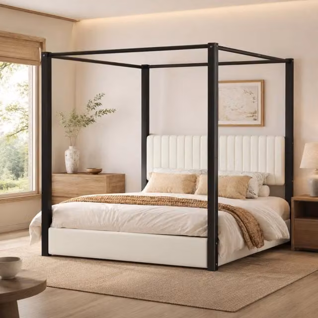 Letto a baldacchino imbottito 180x200 cm con testiera e struttura in metallo; velluto beige e nero
