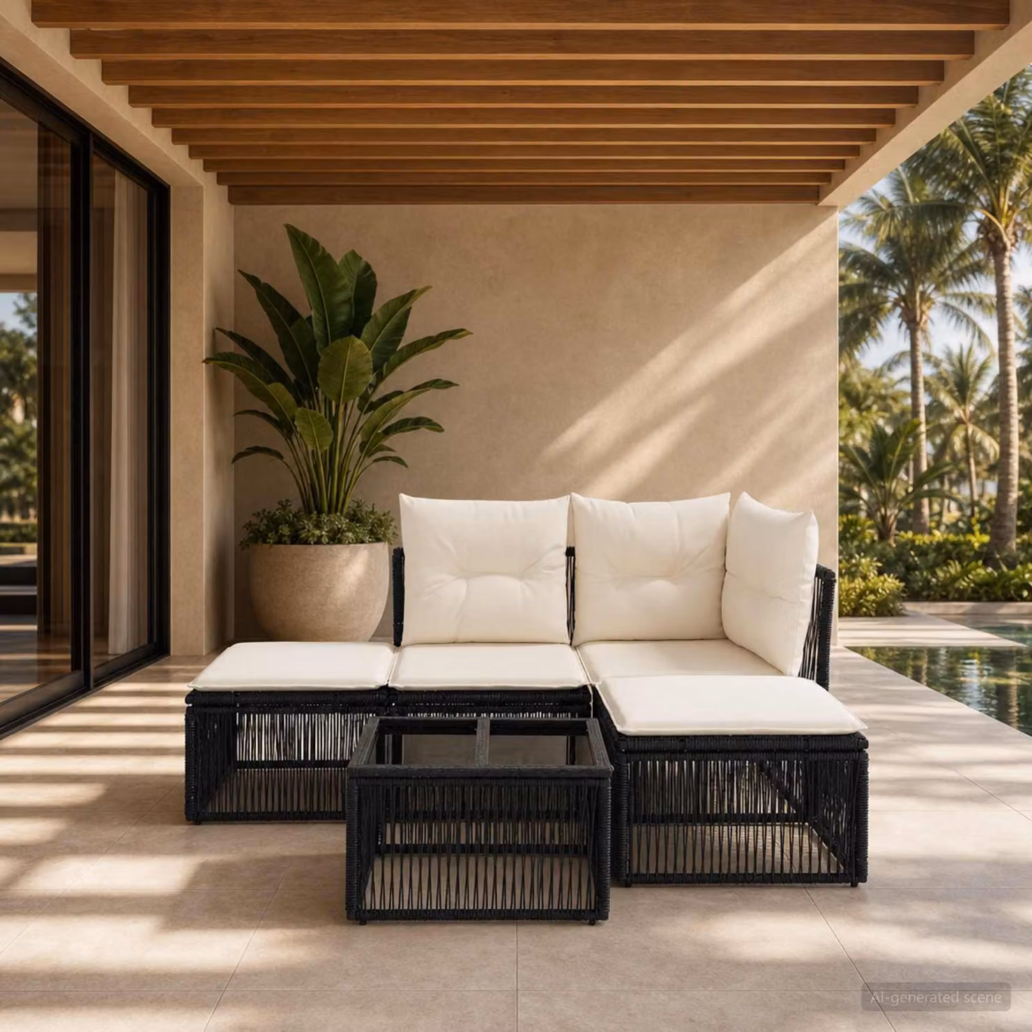 Set Divano da Giardino vidaXL 5 pz L-Shape Nero con Tavolino e Ottoman in Polyrattan e Acciaio
