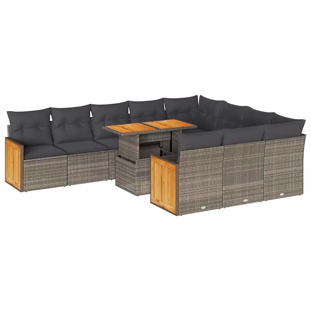 Set di divani da giardino vidaXL in polyrattan e legno di acacia grigio con 11 pezzi e cuscini inclusi – 2